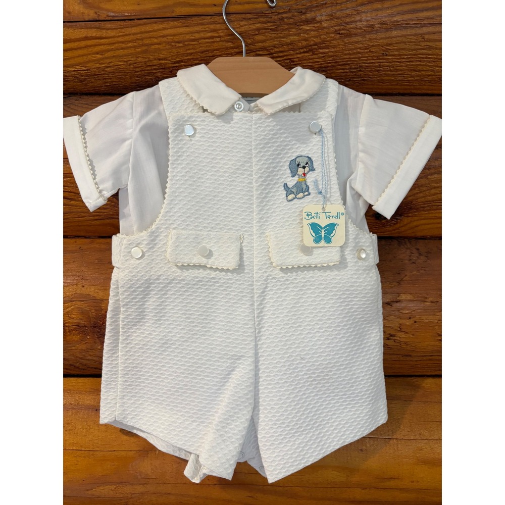 Betti Terrell Vintage Baby‎ Boy White Pique Romper Set Embroidered Puppy 6-9 Mon